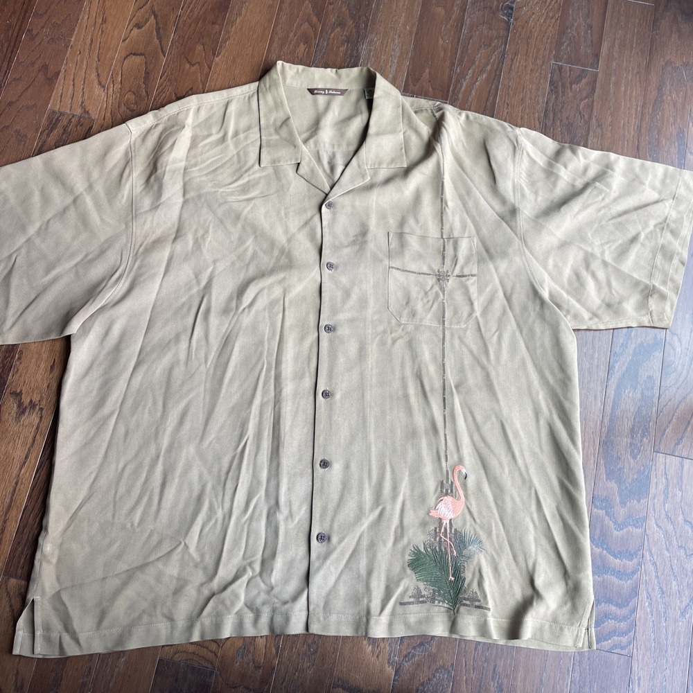 Tommy Bahama Shirt Mens XXL Tan 100% Silk‎ Camp FLAMINGO LANES Bowling Hawaiian
